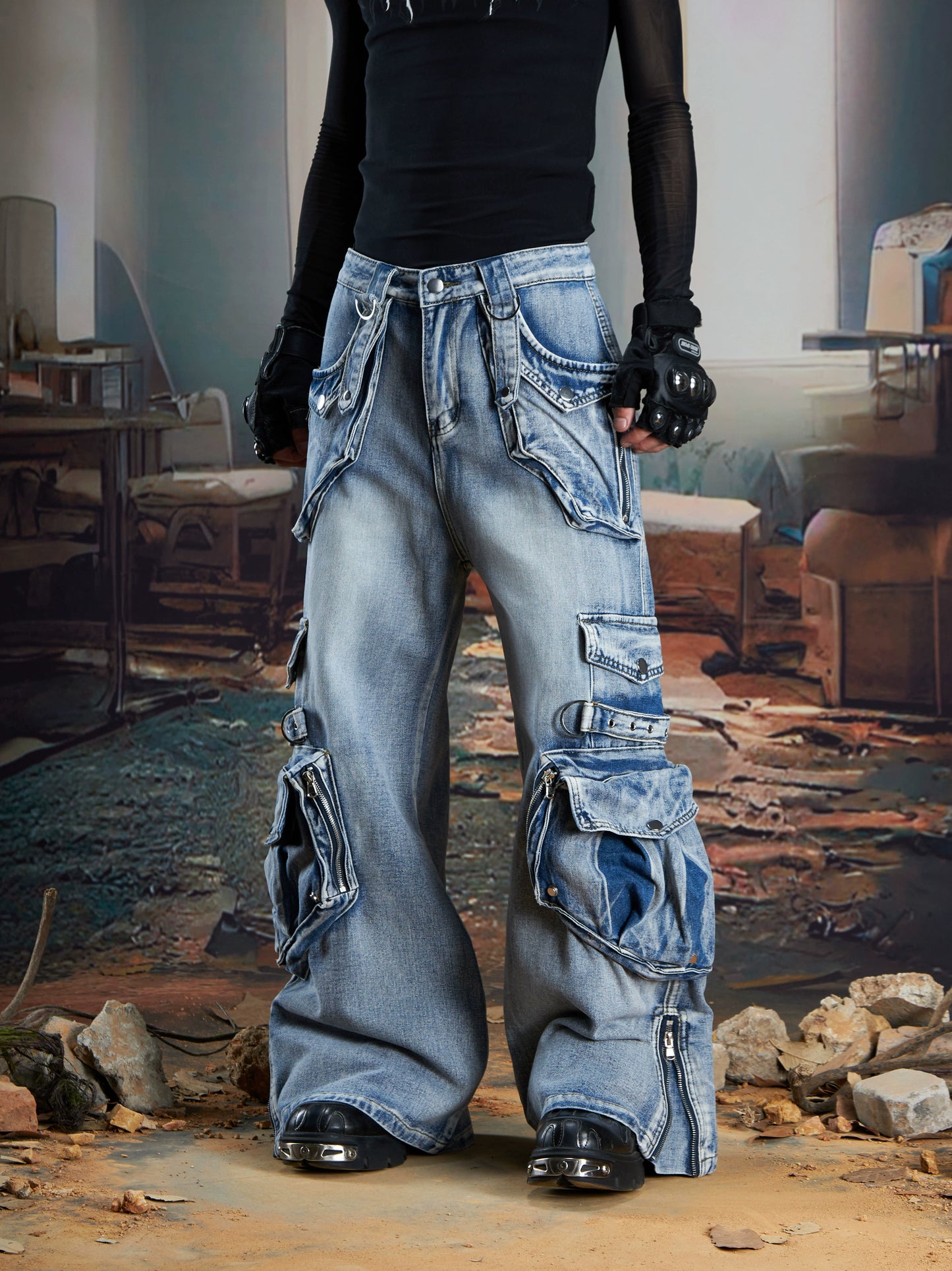 Splicing Multi-Pocket Washed Damage Cargo Denim Jeans WN21334