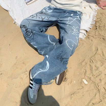 Graffiti Print Wide Leg Denim Jeans WN25028