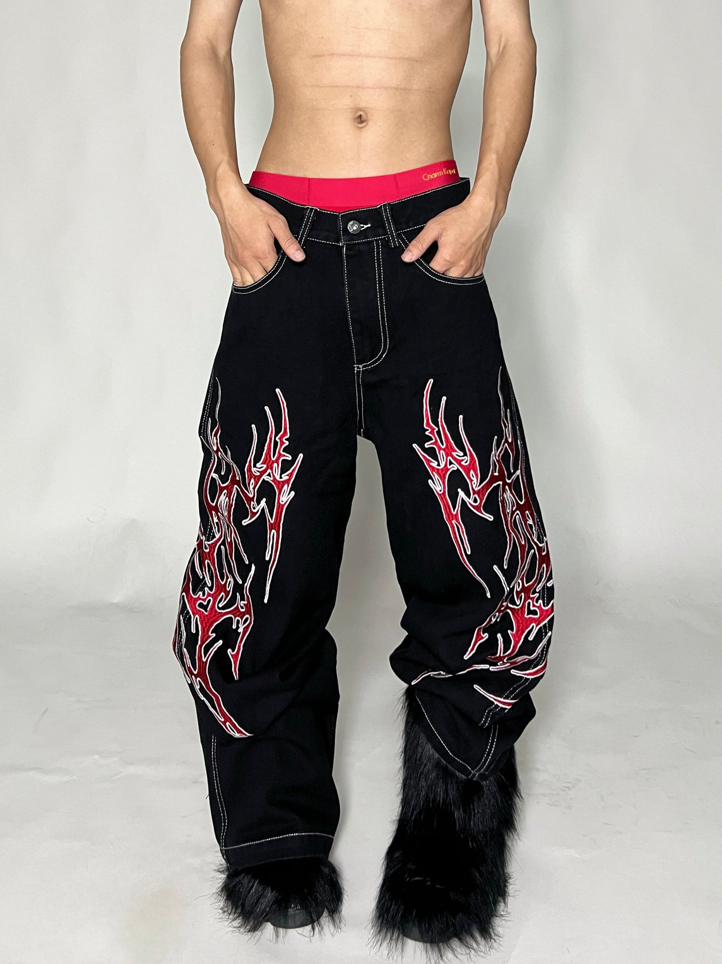 Flame Print Wide Leg Denim Jeans WN24133