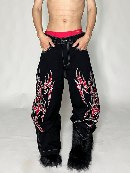 Flame Print Wide Leg Denim Jeans WN24133