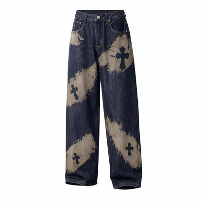 Cross Paint Graphic Wide Leg Denim Jeans WN27972