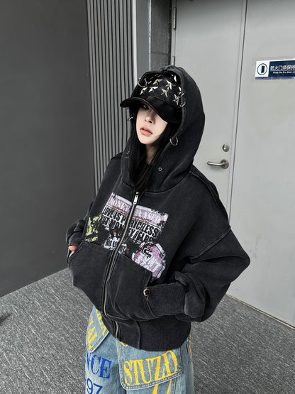 Cropped Washed Zip-Up Hoodie WN24189