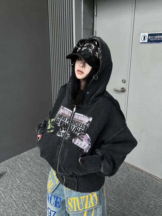 Cropped Washed Zip-Up Hoodie WN24189