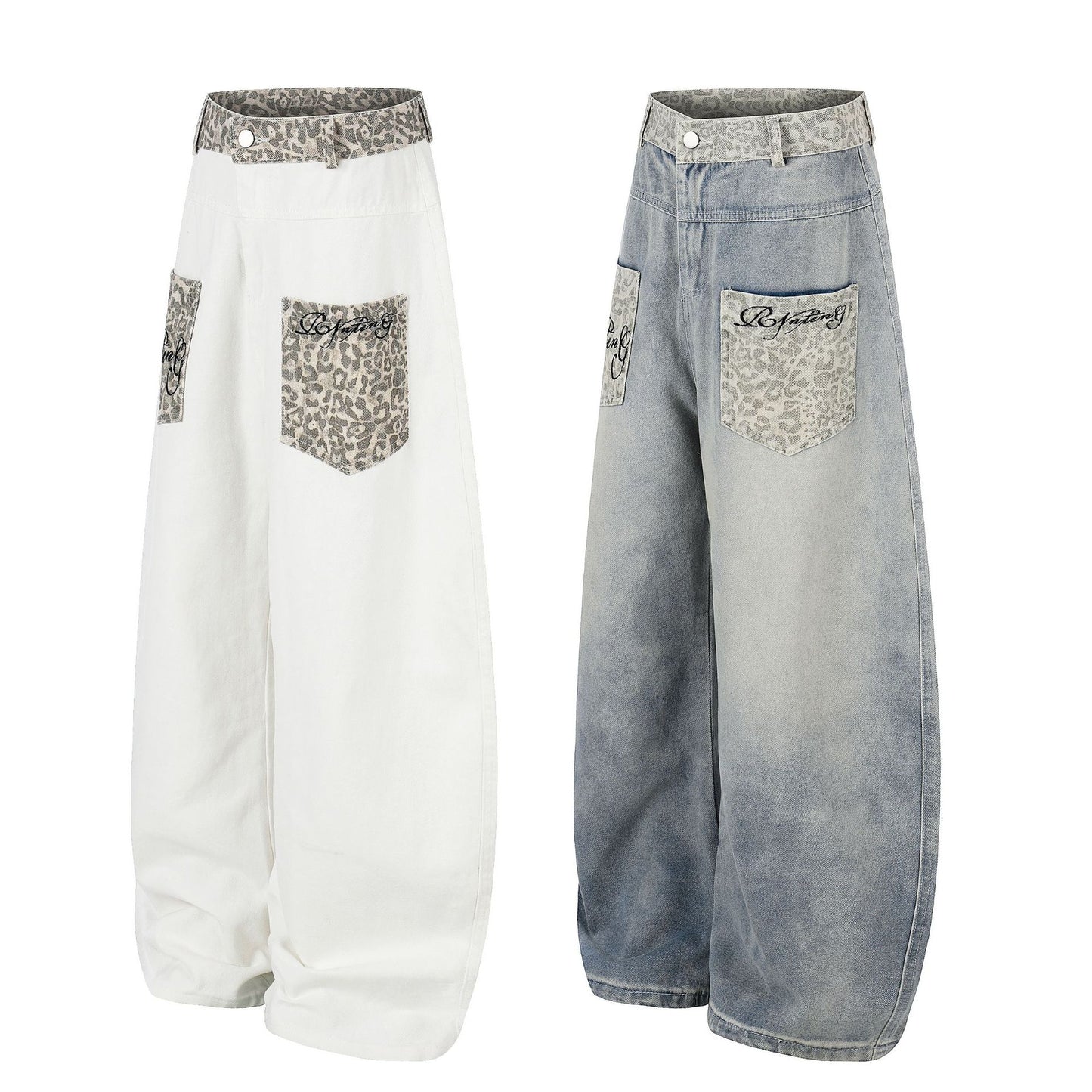 Leopard Print Curved Wide Leg Denim Jeans WN25702
