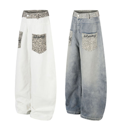 Leopard Print Curved Wide Leg Denim Jeans WN25702