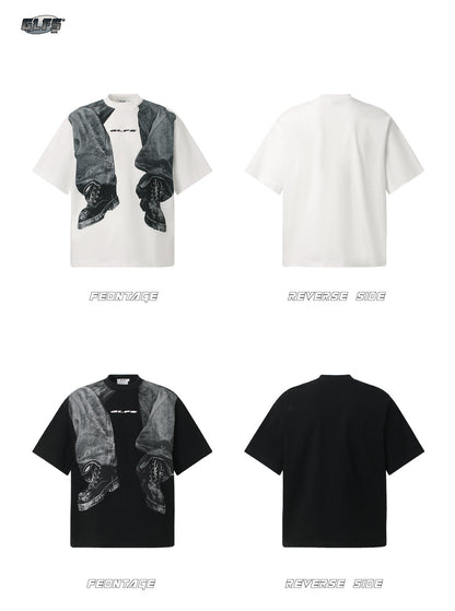 Denim Trompe-l'œil Print Cotton Short Sleeve T-Shirt WN26561