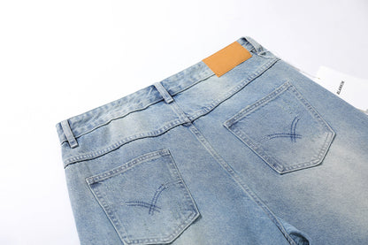 Wash Damage Straight Wide Leg Denim Jeans WN25646