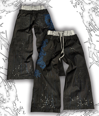 Double Waist Drawstring Graphic Studs Wide Leg Denim Jeans WN27379