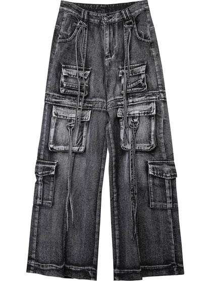 Damage Wash Studs Multi-Pocket Wide Leg Denim Jeans WN22540