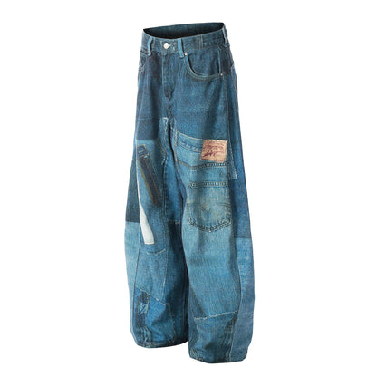 Washed Irregular Print Wide Leg Curved Denim Jeans WN25883