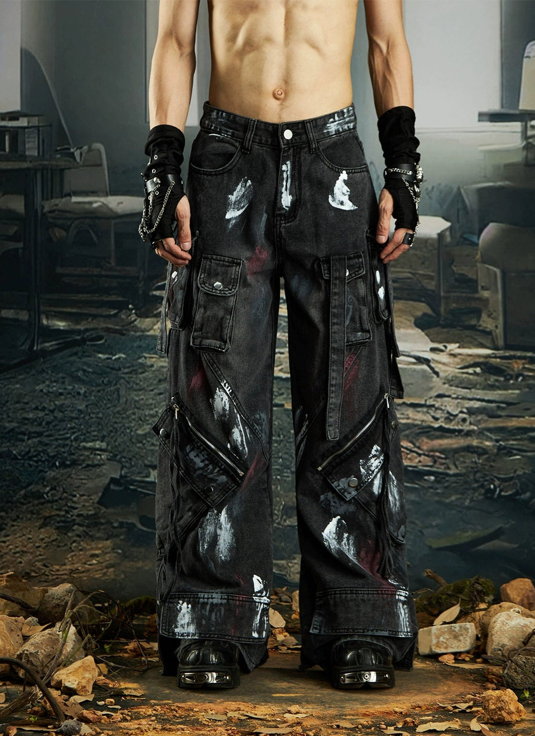 Multi-Pocket Ribbon Deconstruction Graffiti Wide Leg Cargo Denim Jeans WN20553