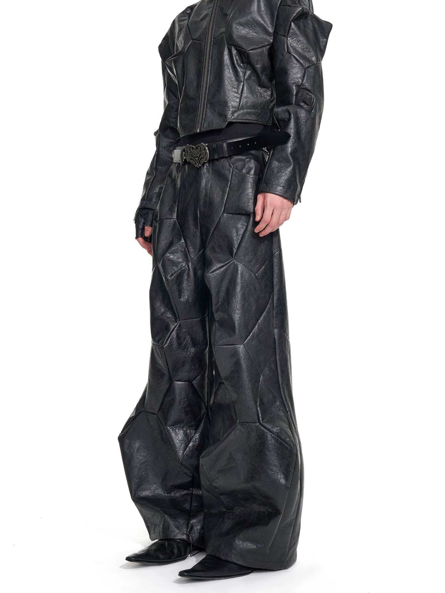 Deconstruction PU Leather Jacket & Wide Leg Pants Setup WN20949
