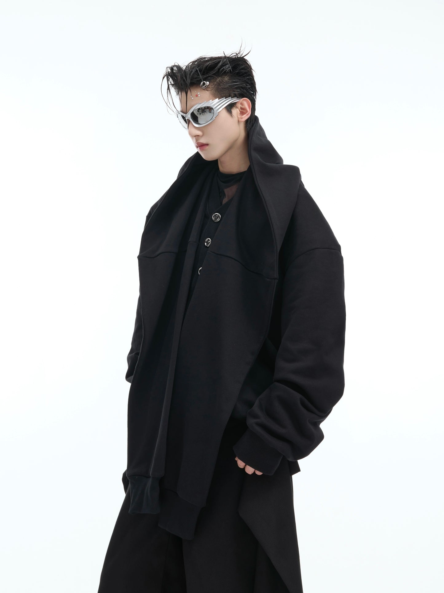 Shoulder Pad Fake Layered Oversize Button Hoodie WN9880