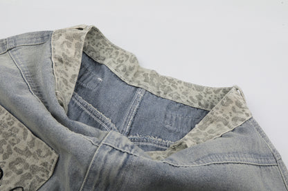 Leopard Print Curved Wide Leg Denim Jeans WN25702