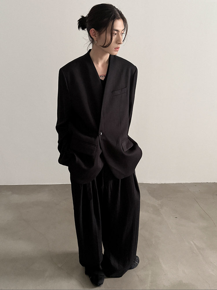 Shoulder-Pad V-Neck Tailored Jacket & Draping Wide-Leg Trousers Setup WN15292