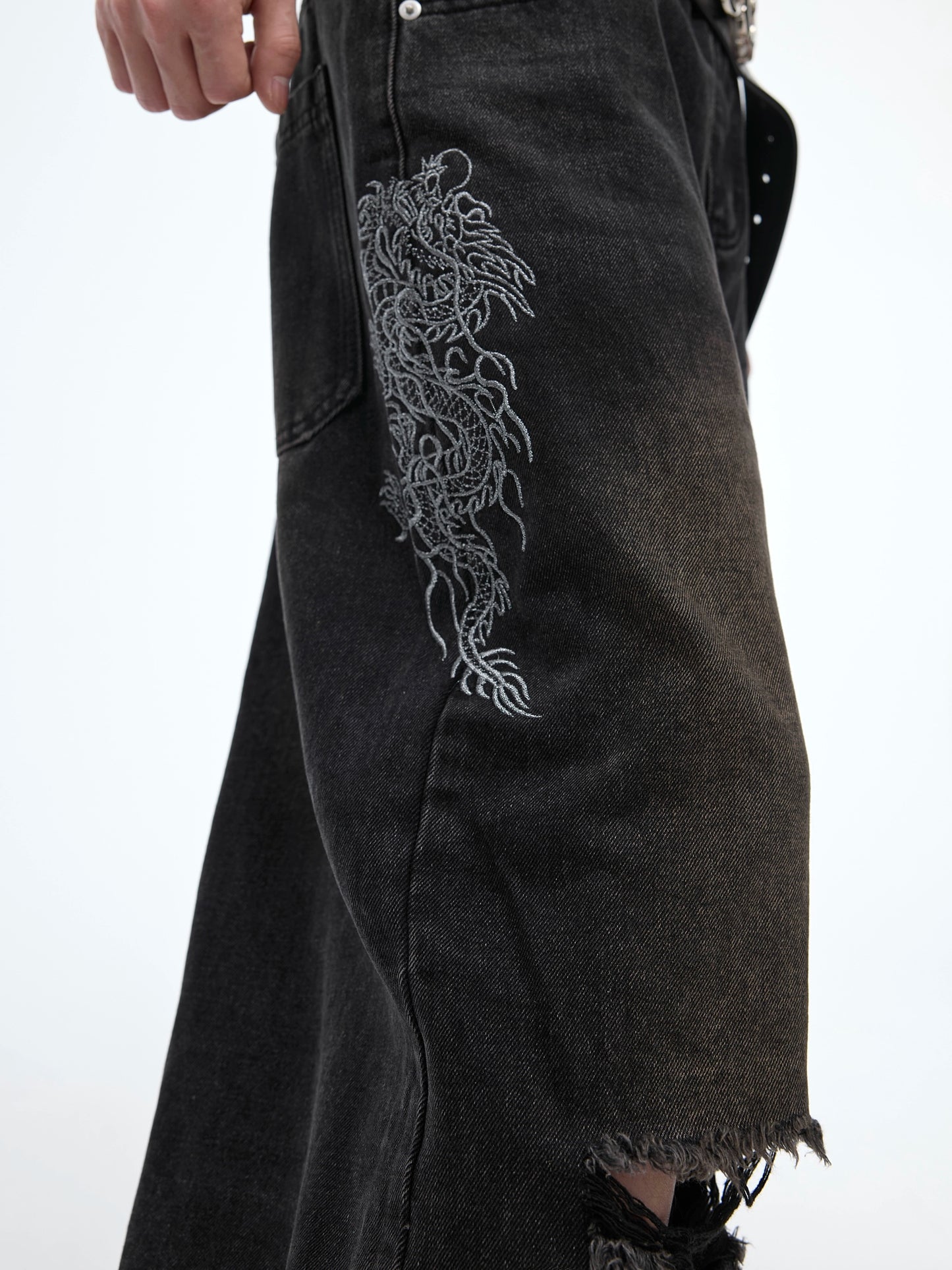 Dragon Embroidery Damage Wide Leg Denim Jeans WN5620