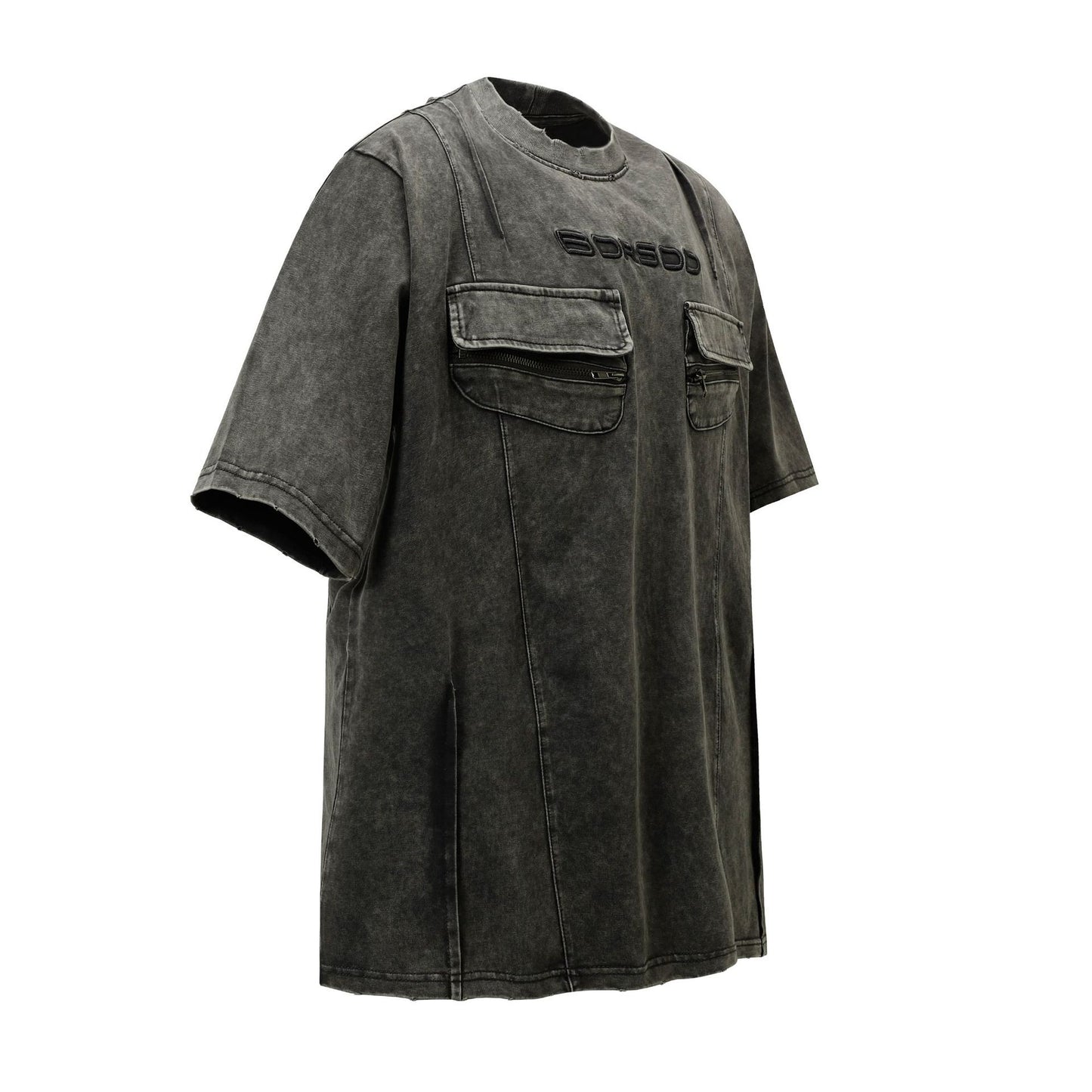 Washed Heavyweight Zipper Design Embroidery Short Sleeve T-Shirt WN14015