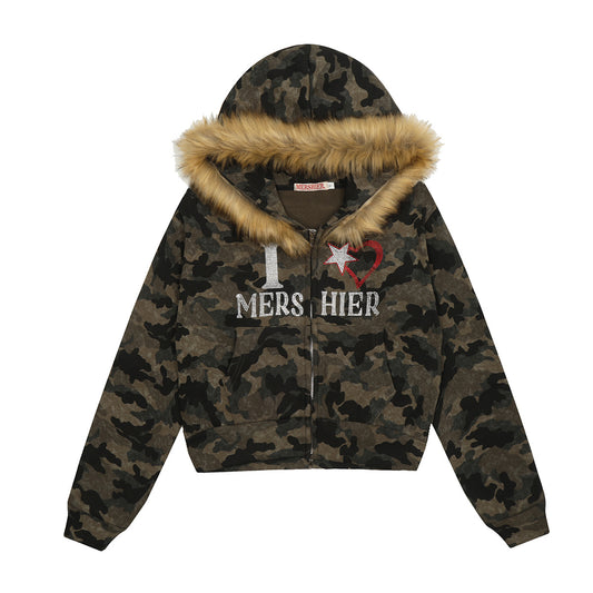 Camouflage Rhinestone Fur Collar Sherpa-Lining Zipper Hoodie WN11368