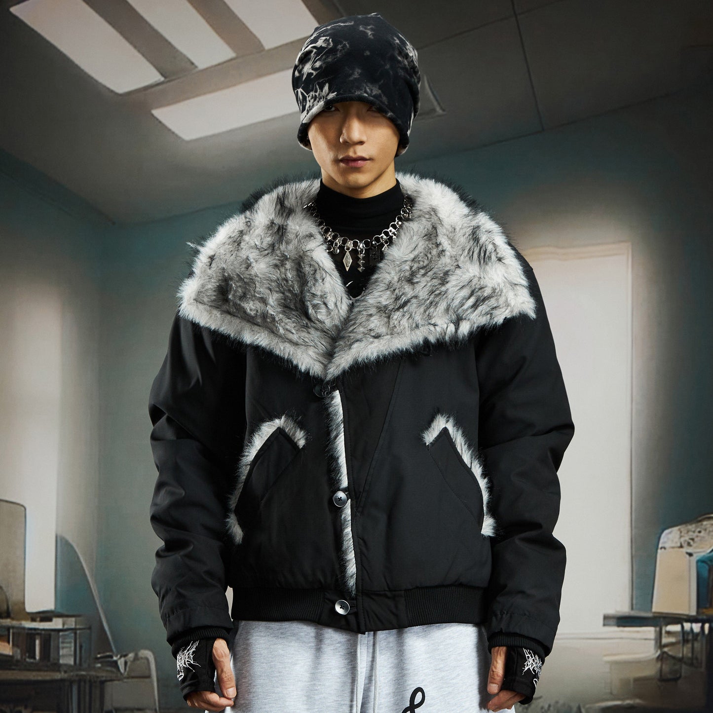 Damage Dye Fake Fur Lapel Puffer Jacket WN22764