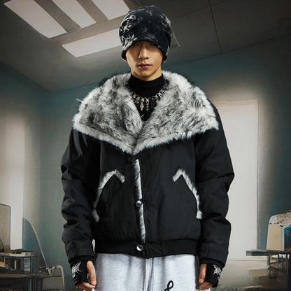 Damage Dye Fake Fur Lapel Puffer Jacket WN22764