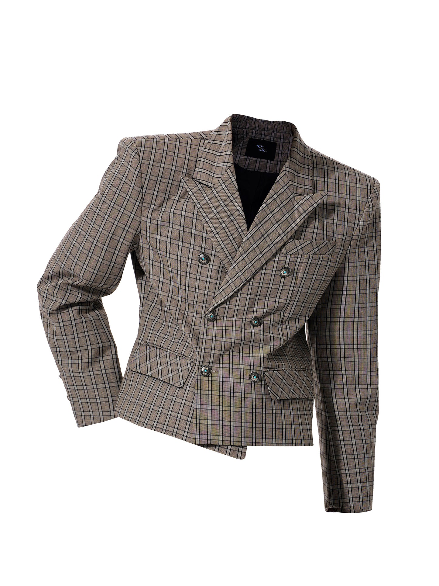 Plaid Double-Breasted Short Tailored Jacket & Trousers Setup WN23282
