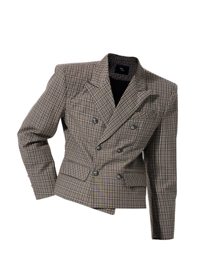 Plaid Double-Breasted Short Tailored Jacket & Trousers Setup WN23282