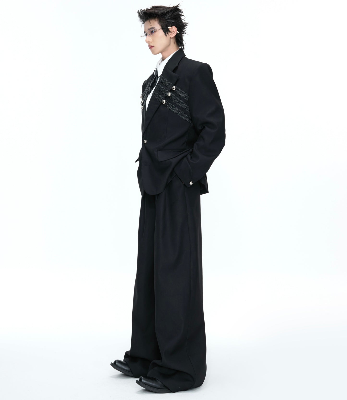 Braided Leather Double-Breasted Shoulder Pad Tailored Jacket & Wide Leg Trousers Setup WN26973