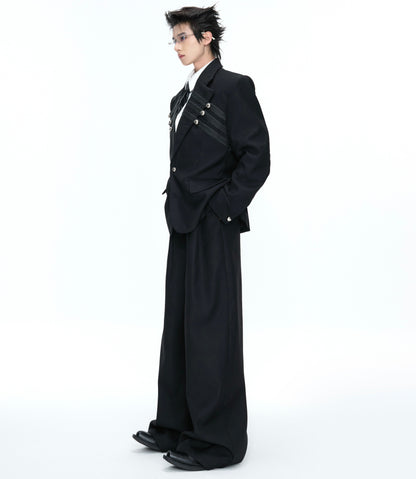 Braided Leather Double-Breasted Shoulder Pad Tailored Jacket & Wide Leg Trousers Setup WN26973