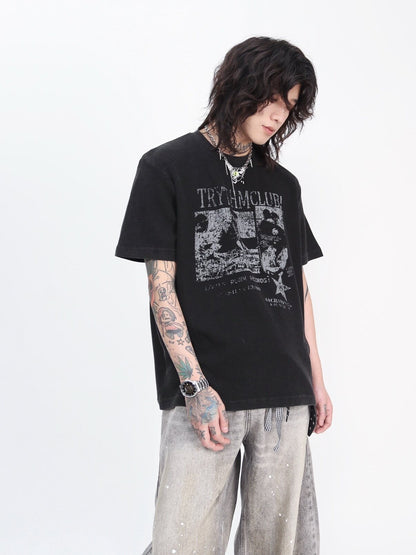 Oversize Waffle Vintage Rock Graphic Print Short SleeveT-Shirt WN24447