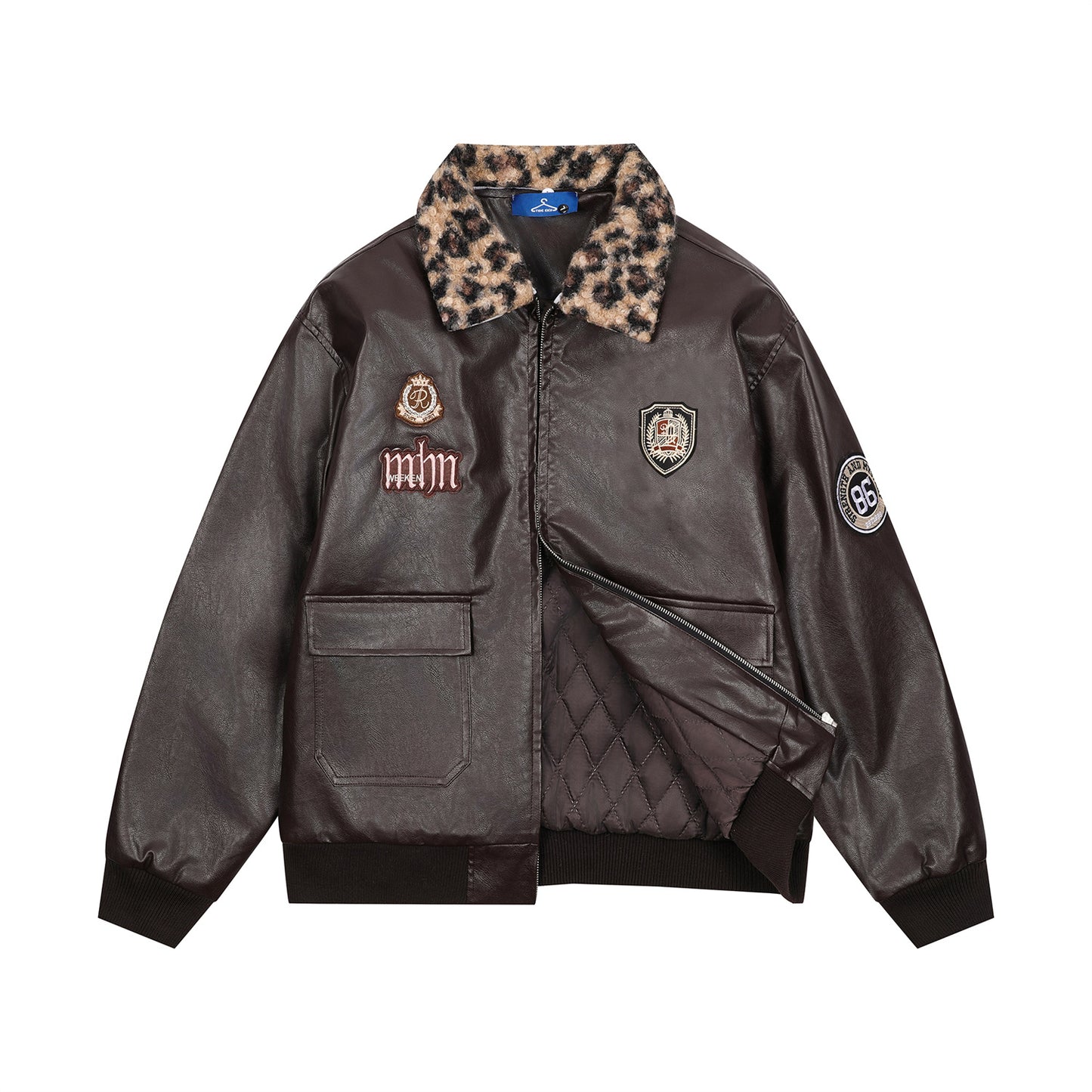 Badge Embroidery Detachable Leopard Collar PU Leather Jacket WN11189