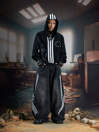 Stripe Deconstruction Patchwork Wide Leg Denim Jeans WN21365