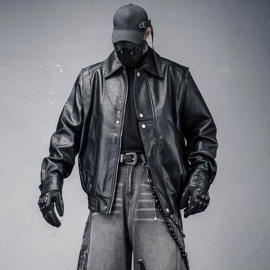 Lapel PU Leather Zipper Jacket WN22325