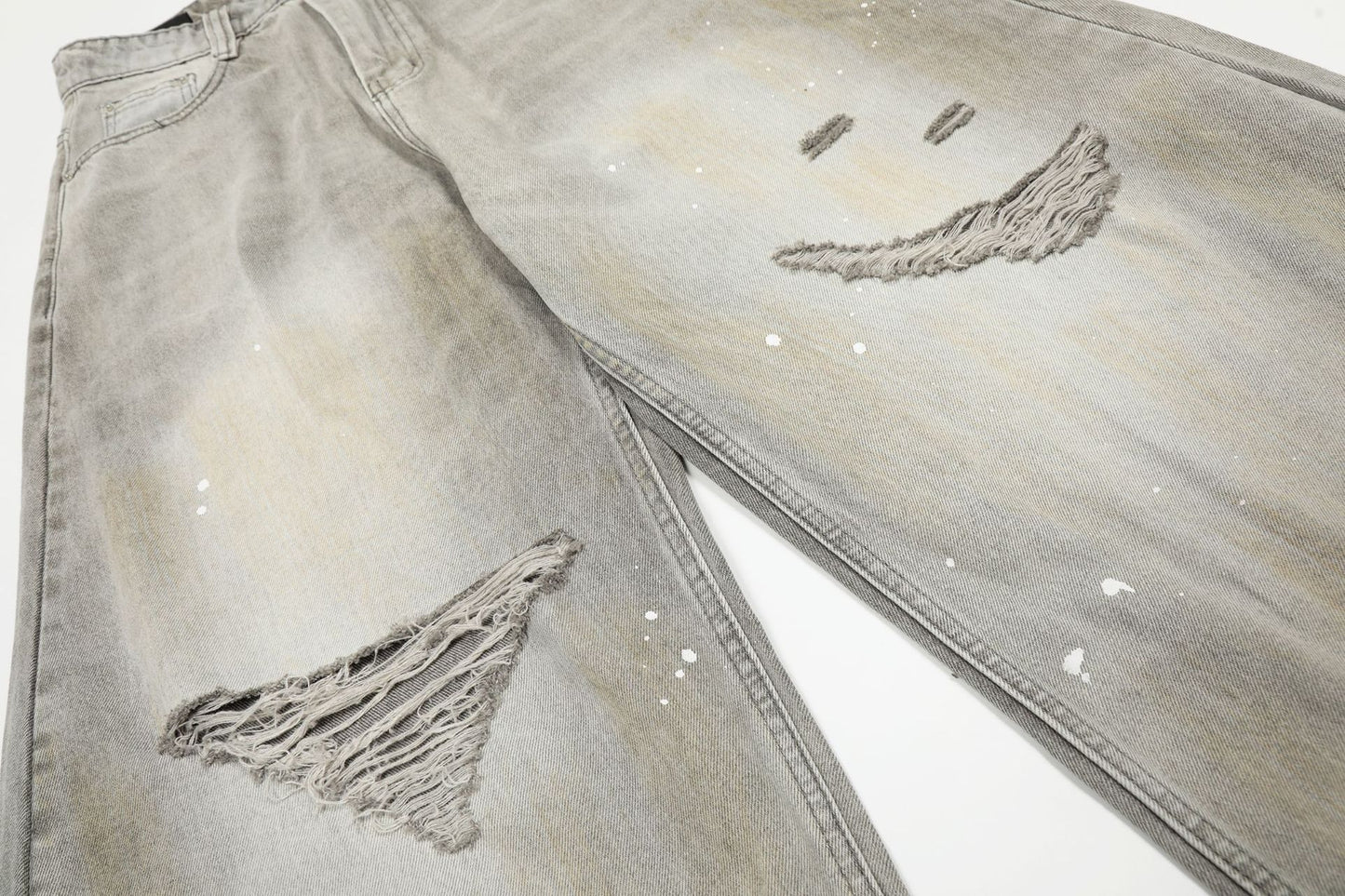 Ink Splash Damage Curved Wide Leg Denim Jeans WN26166
