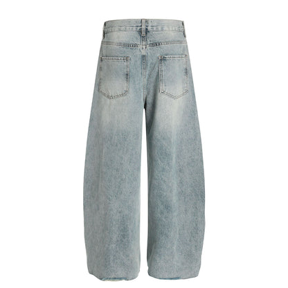 Wash Damage Wide Leg Curved Denim Jeans WN25878