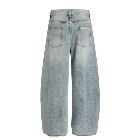 Wash Damage Wide Leg Curved Denim Jeans WN25878