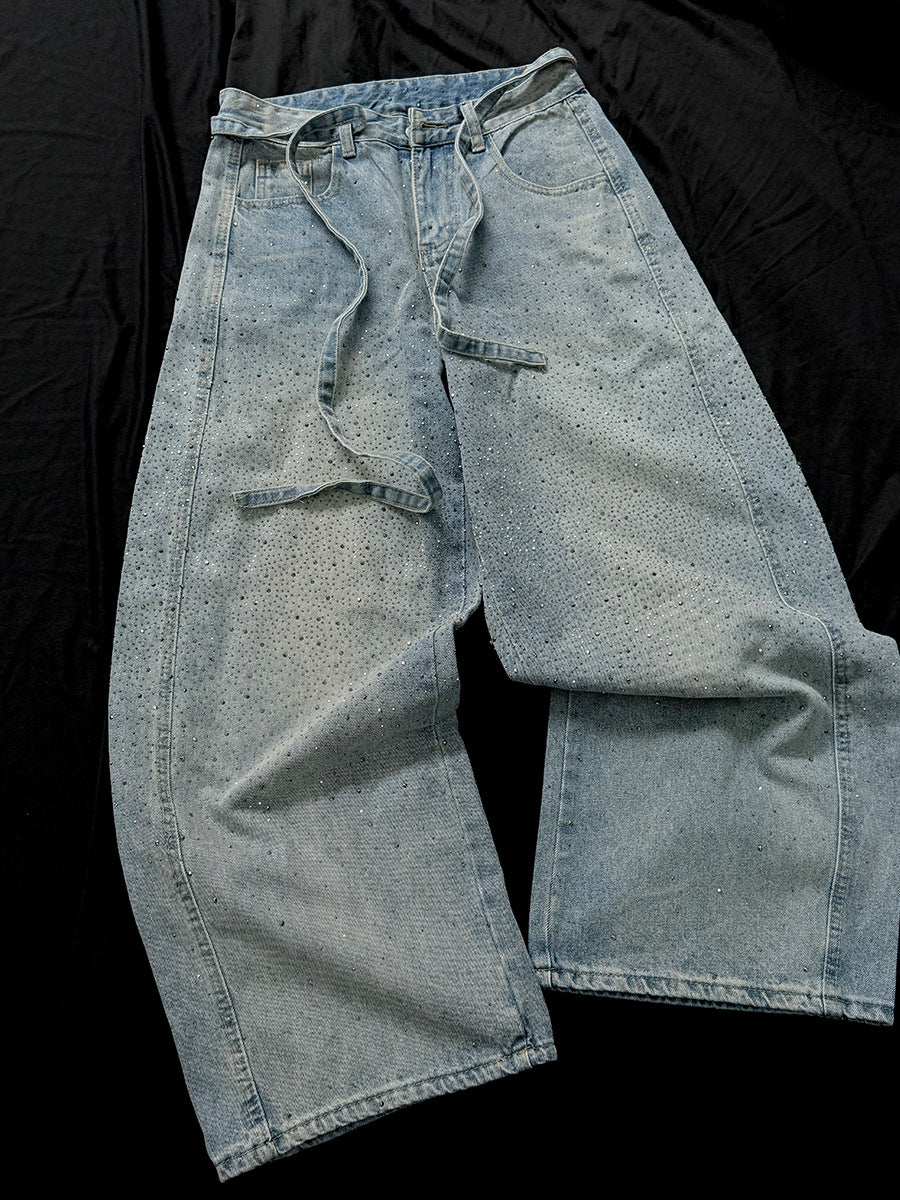 Rhinestone Drawstring Wide Leg Denim Jeans WN25560