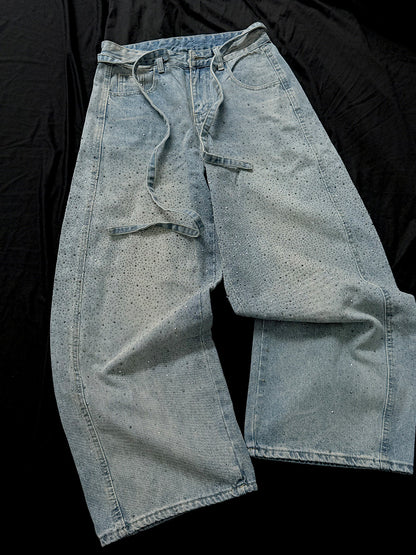 Rhinestone Drawstring Wide Leg Denim Jeans WN25560