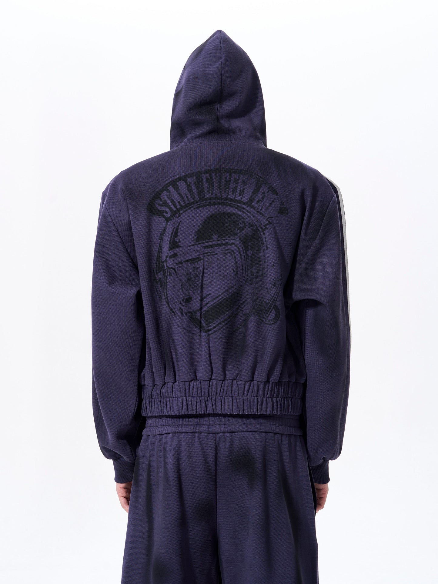 Four Stripe Damage Badge Embroidery Double Layer Hooded Jacket & Sporty Pants Setup WN23269