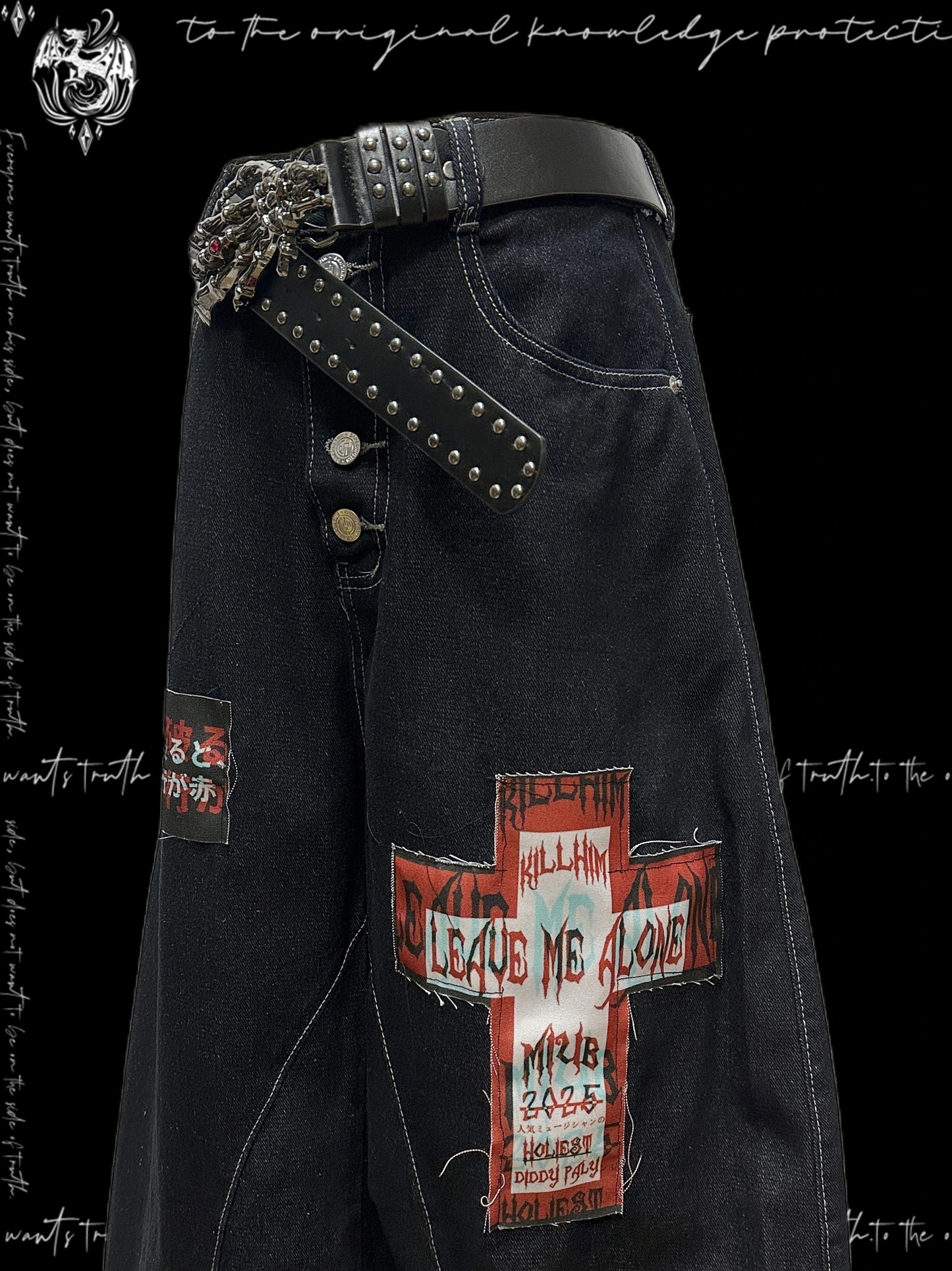 Graphic Patchwork Scimitar Wide Leg Denim Jeans & Belt & Chain & Scarf WN20132