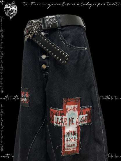 Graphic Patchwork Scimitar Wide Leg Denim Jeans & Belt & Chain & Scarf WN20132