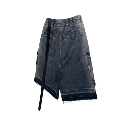 Drawstring Cargo Damage Denim Half Jeans WN25525