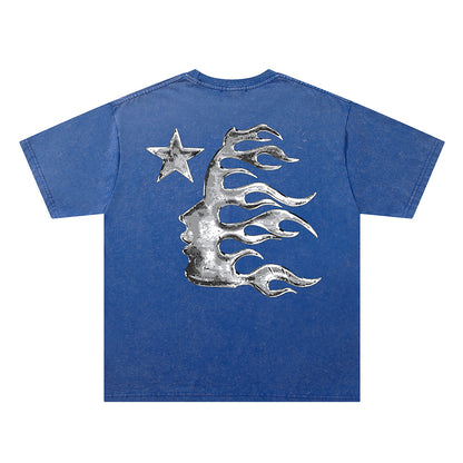 Washed Metal Letter Star Print Short Sleeve T-Shirt WN26912