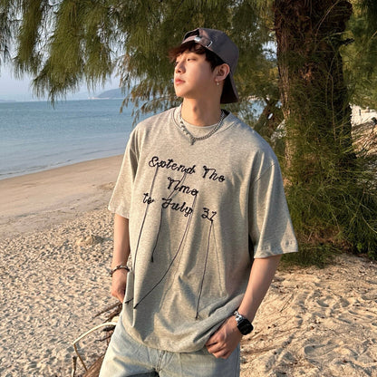 Letter Embroidery Drawstring Short Sleeve T-Shirt WN25161