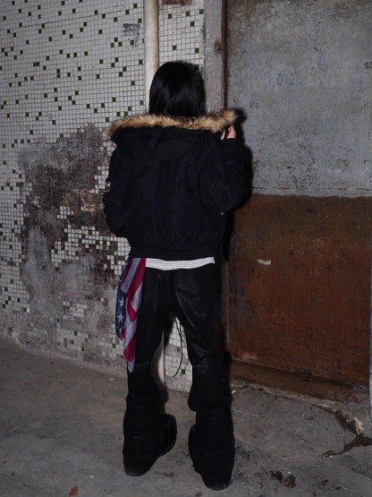 Leopard Hooded Fake Fur-Collar Patch Padded Jacket WN22197