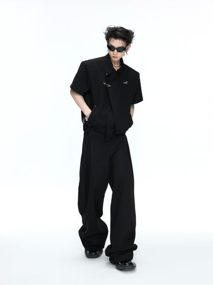 Asymmetric Fake Layered Shoulder Pad Short Jacket & Wide Leg Pants Setup WN26975