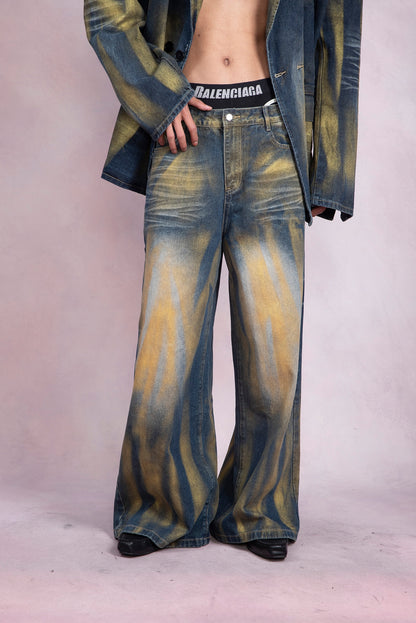 Washed Gradient Wrinkled Denim Tailored Jacket & Wide Leg Denim Jeans Setup WN9243