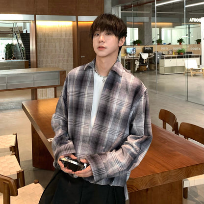 Fake Layered Patchwork Plaid Oversize Long Sleeve Shirt WN25260