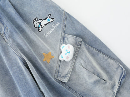 Pleated Dog Embroidery Detachable Dog Charm Wide Leg Denim Jeans WN26803