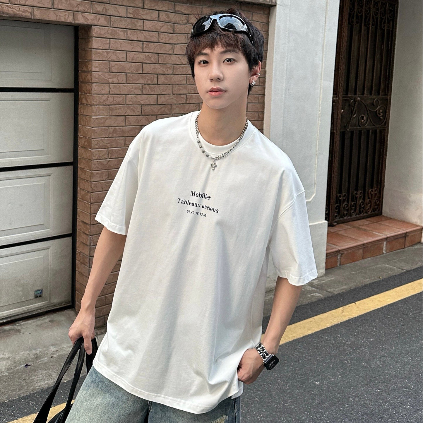 Small Neck Letter Print Oversize Short Sleeve T-Shirt WN25272