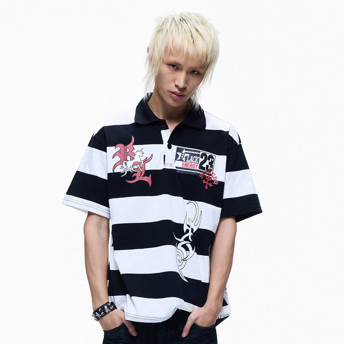 Polo Collar Stripe Print Oversize Short Sleeve T-Shirt WN27281